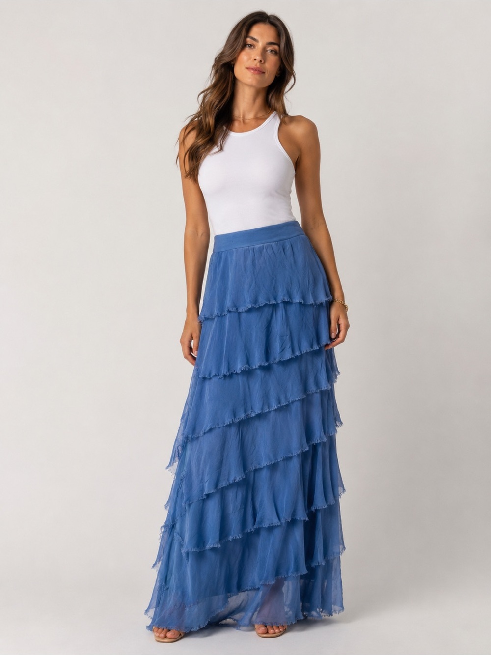New Scandal Italy Silk Blend Italian Ruffled  Convertible Maxi Skirt M/L